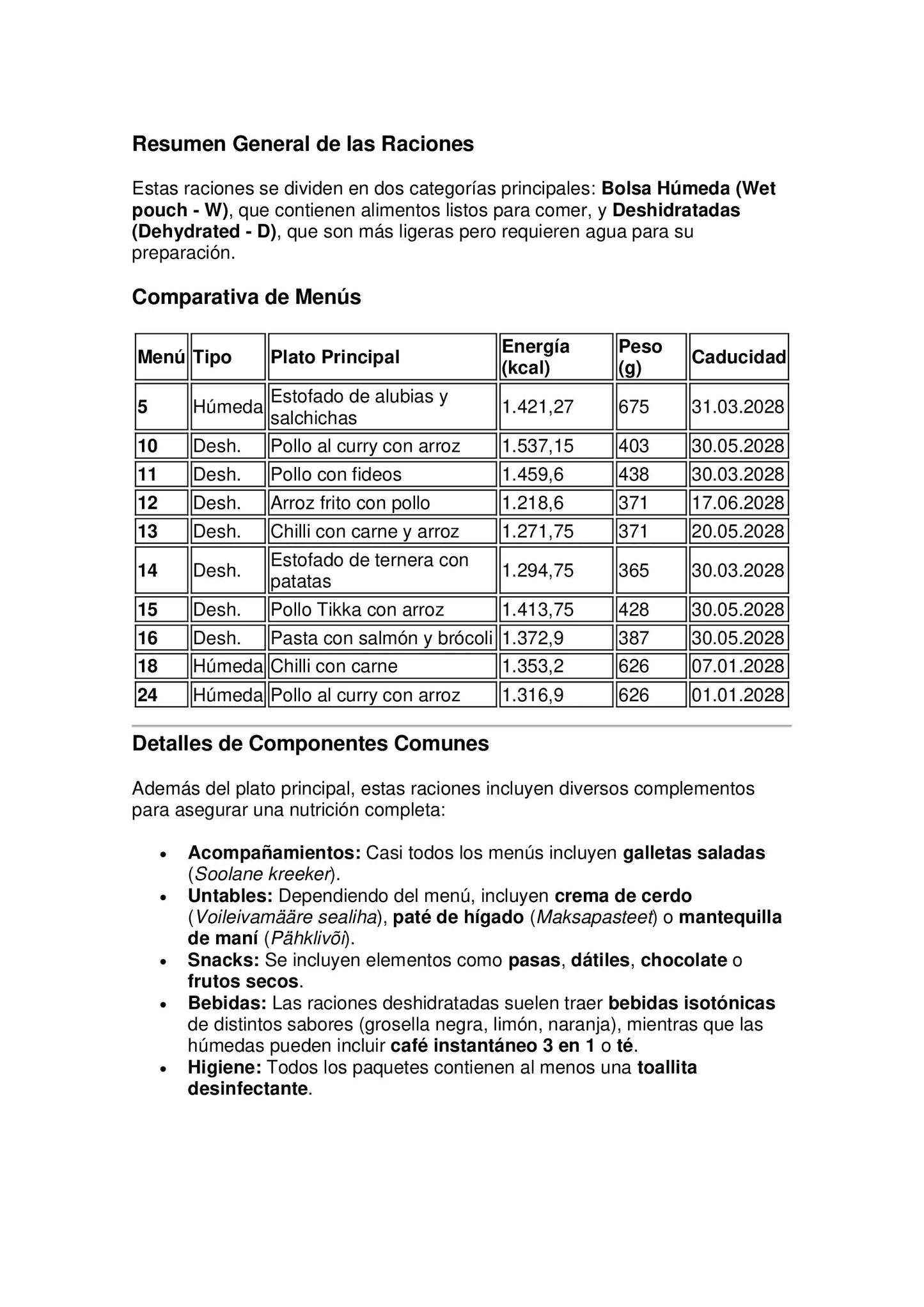 Ración de combate individual – Fuerzas de Defensa de Estonia - RACIONES DE COMBATE MRE