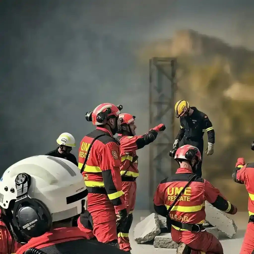 Equipo de rescate UME con trajes rojos y cascos en zona de derrumbe