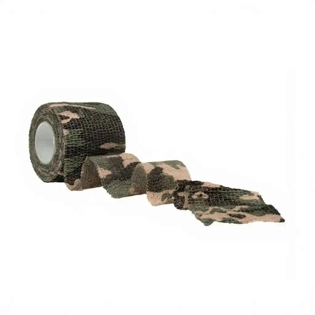 Cinta adhesiva camuflaje boscoso con rollo y tira, patrón irregular verde oscuro y arena