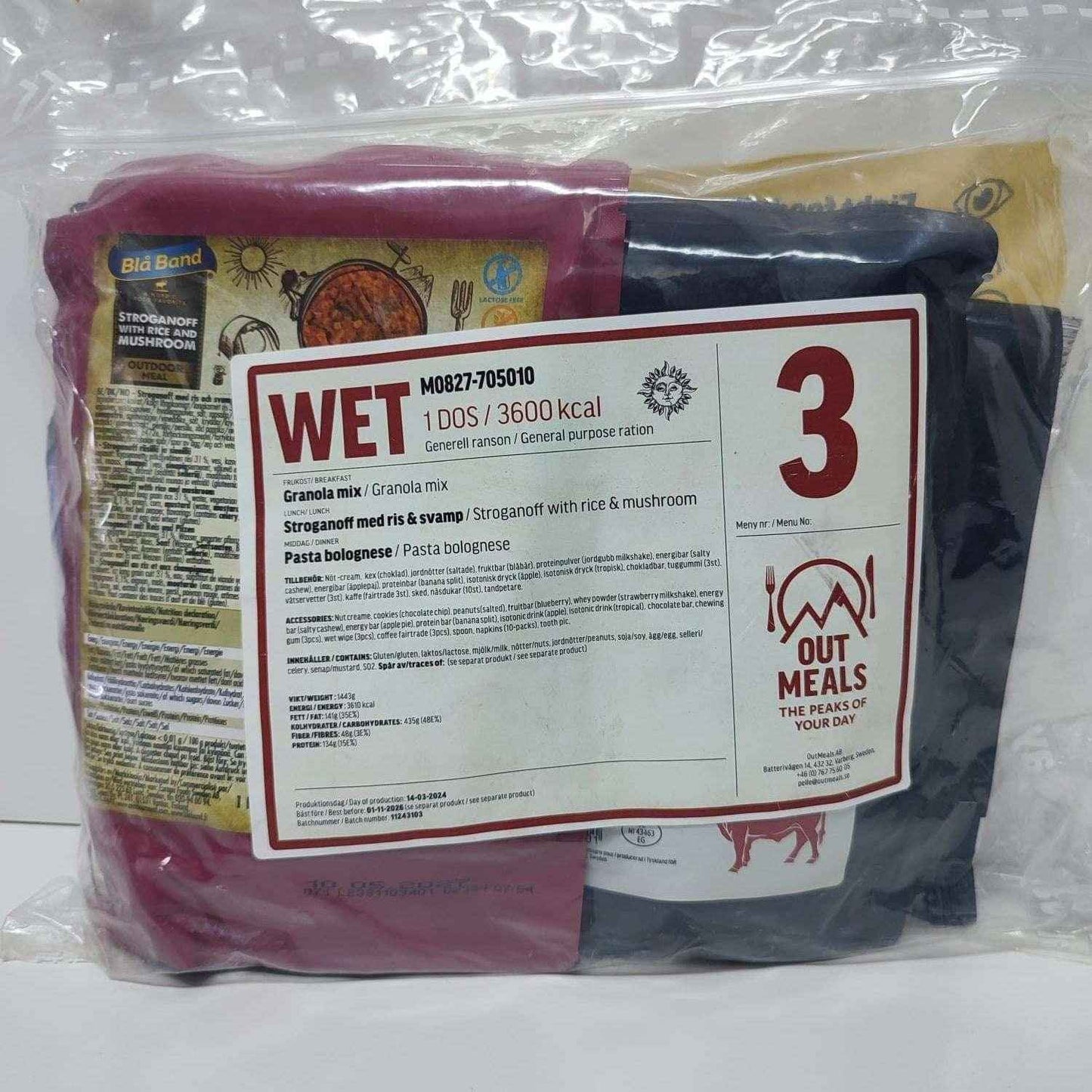 Ración alimentaria en bolsa con etiqueta WET 3 y logotipo “OUT MEALS”