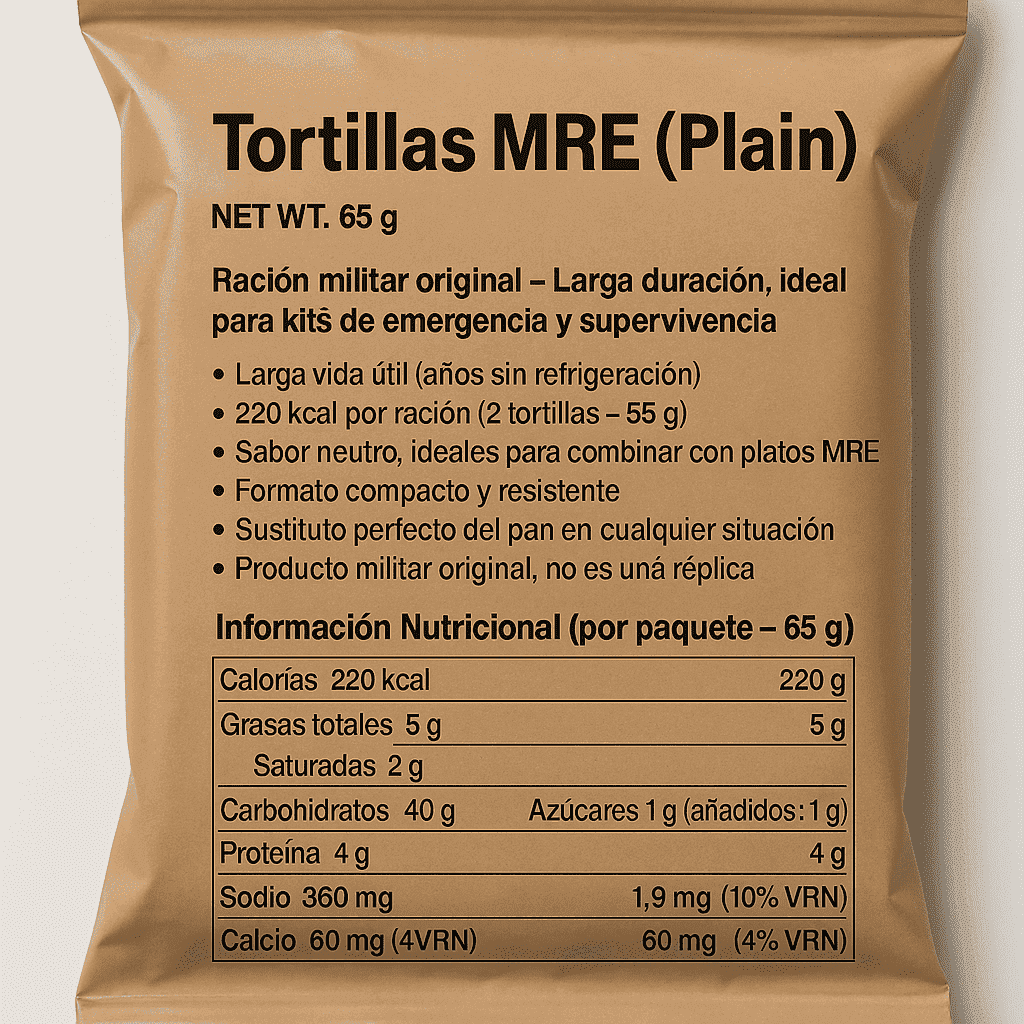 Bolsa de tortillas MRE Plain con lista de información y valores nutricionales