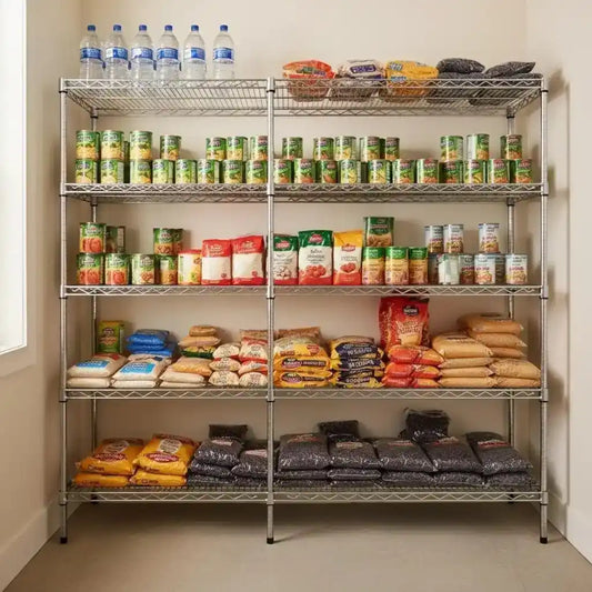 Estantería metálica de cinco niveles organizada con suministros de comida de emergencia, incluyendo botellas de agua, latas de conservas, bolsas de arroz, pasta y legumbres secas