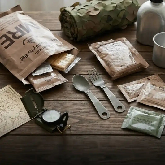 Ración militar MRE americana con calentador sin fuego y cubiertos de campaña sobre mesa de madera.