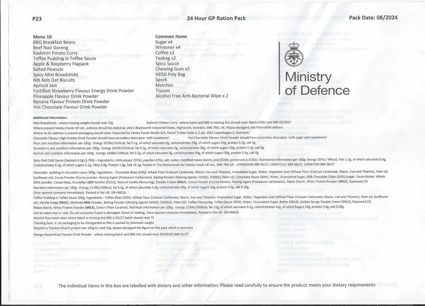 British UK 24 horas Combat - RACIONES DE COMBATE MRE