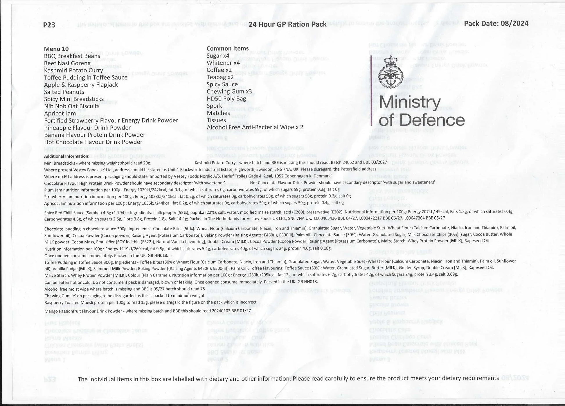 British UK 24 horas Combat - RACIONES DE COMBATE MRE