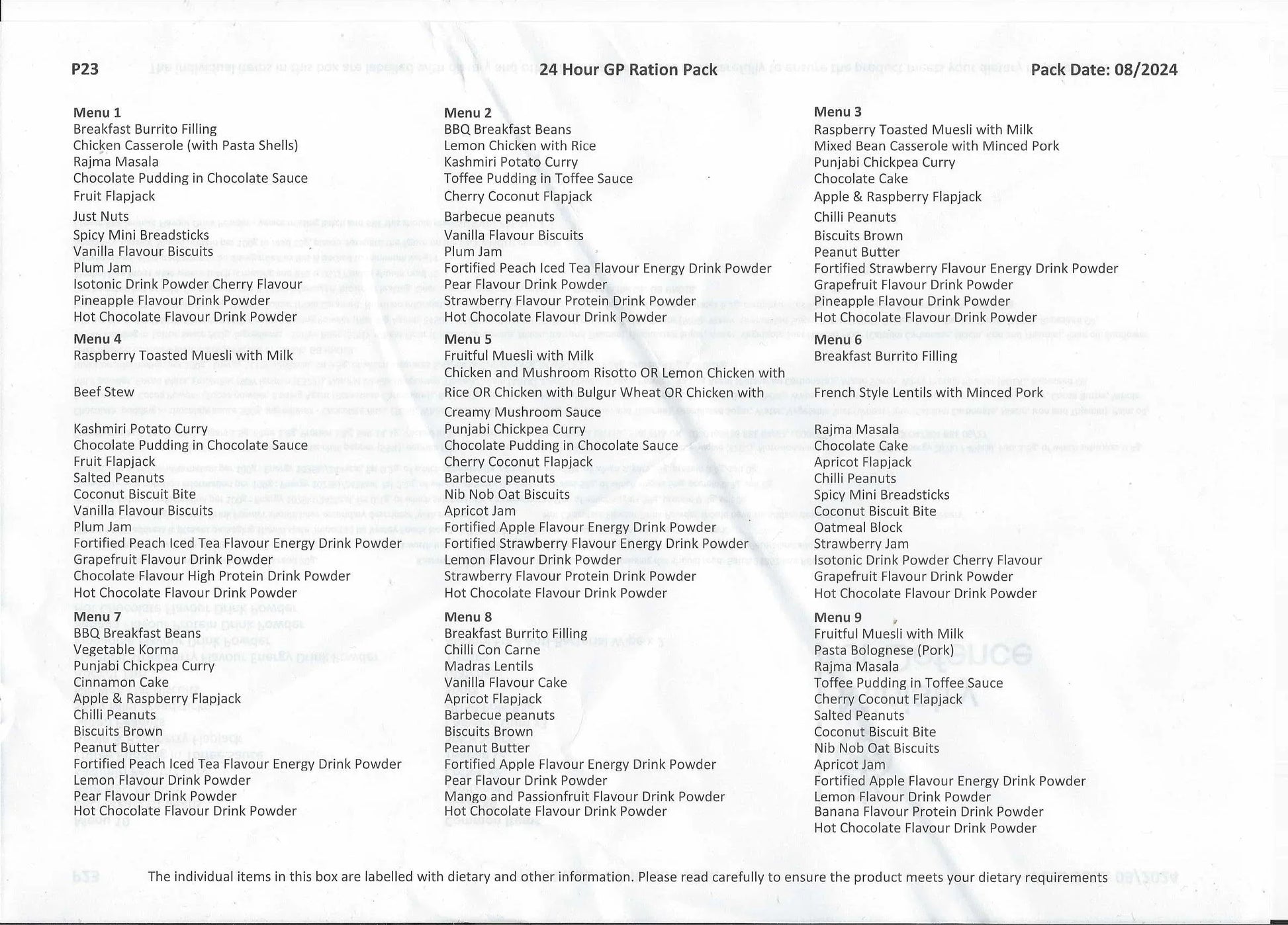 British UK 24 horas Combat - RACIONES DE COMBATE MRE