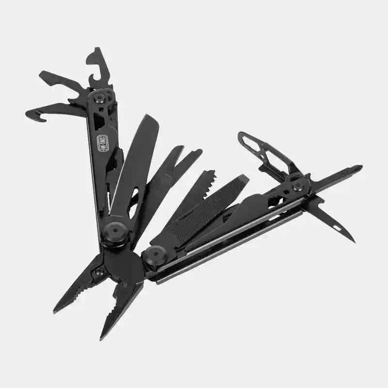 Multiherramienta M-TAC Type 9 negra con múltiples herramientas desplegadas