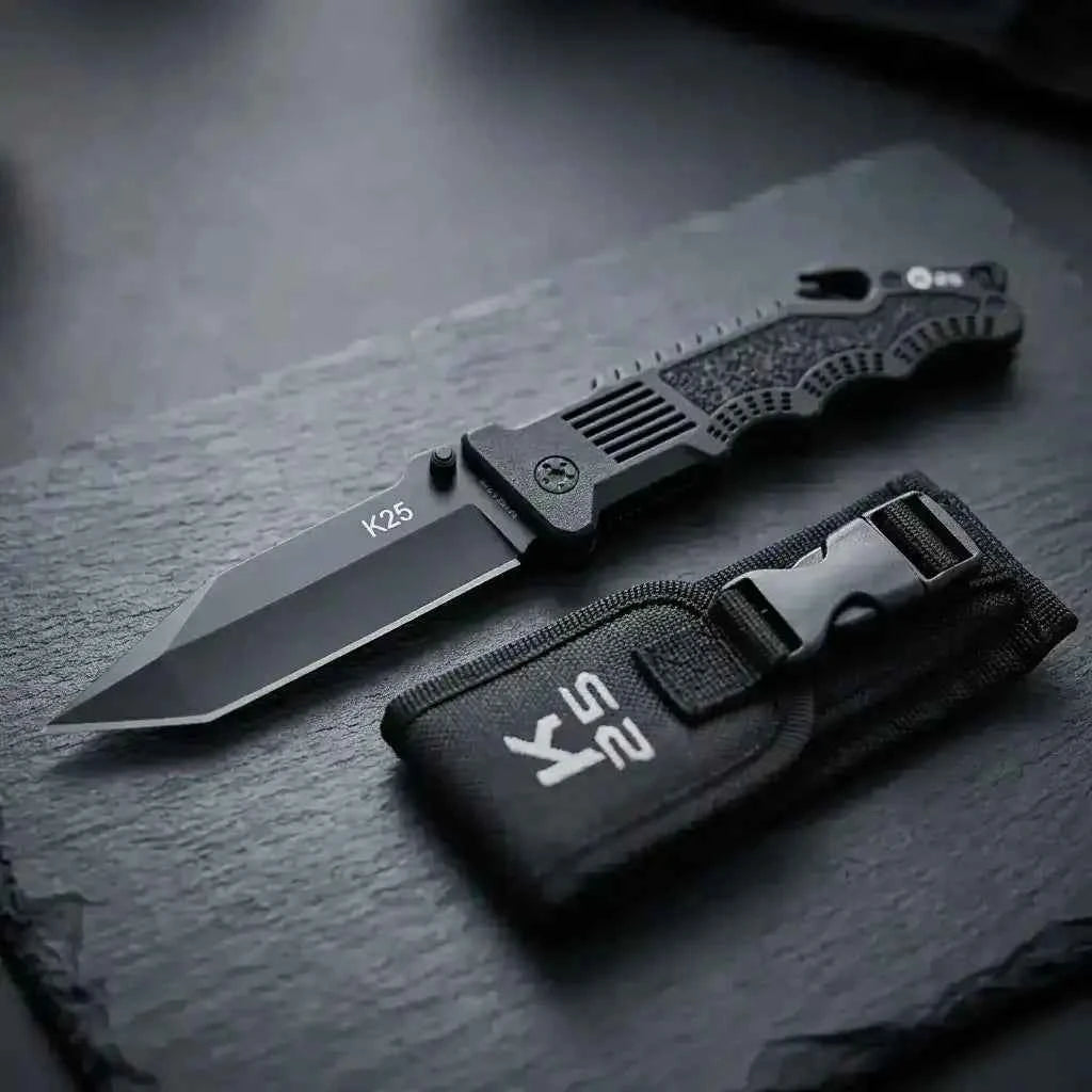 Navaja táctica K25 Titanium Coated con hoja abierta tipo tanto y funda negra de nailon.
