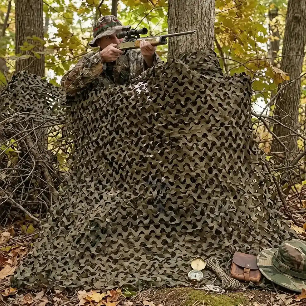Red de camuflaje Woodland Mil-Tec de 1,4x3m ocultando a un tirador con rifle en el bosque