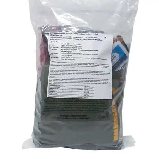 Ración MRE holandesa Menú 1. Incluye muesli de manzana, pollo masala y pasta boloñesa. Bolsa de 5690 kcal para clima frío.