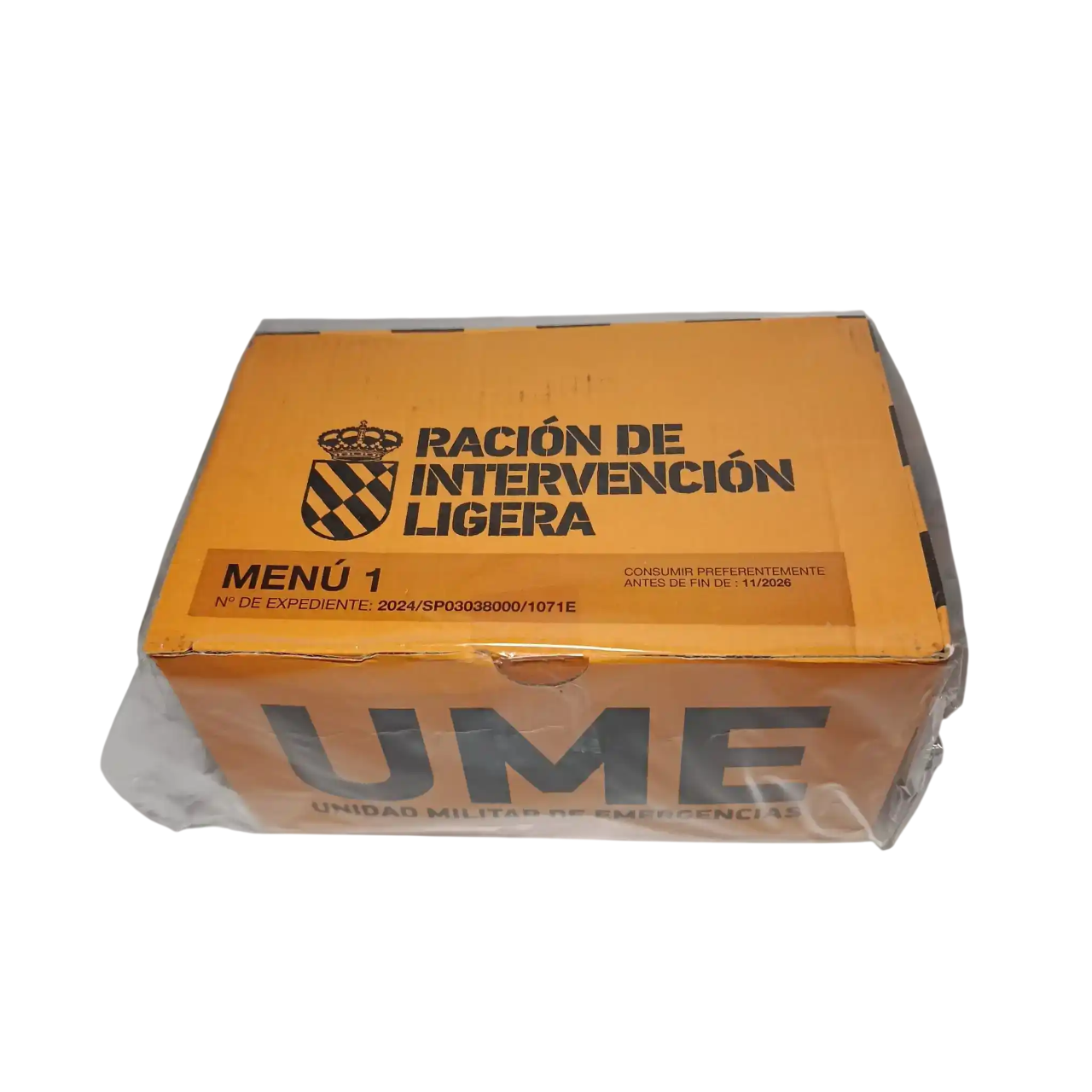 Ración militar española en caja naranja: Ración de Intervención Ligera Menú 1, válida hasta fin de 11/2026