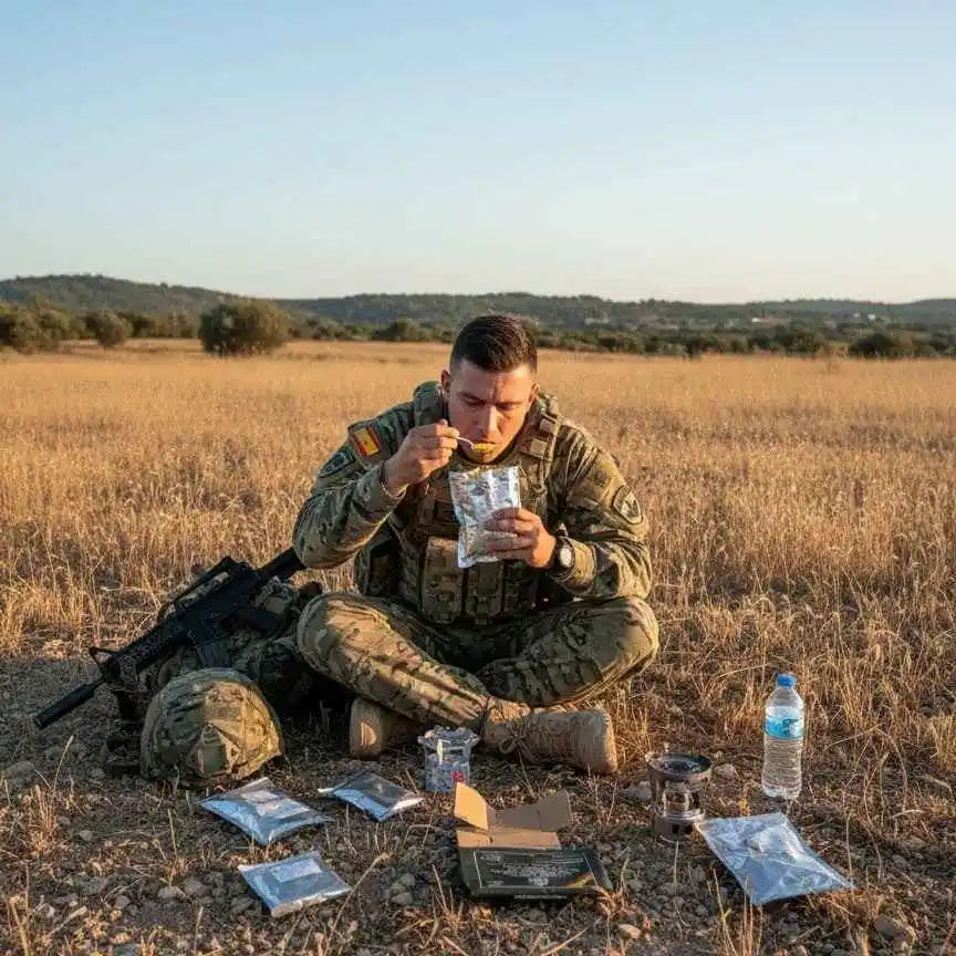 Soldado del ejército consumiendo una ración de combate MRE en el campo