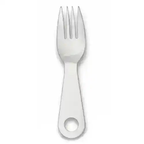 Tenedor de camping Albainox en acero inoxidable con mango perforado sobre fondo blanco.