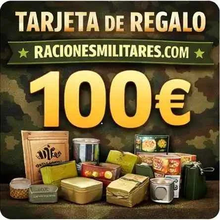 Tarjeta regalo de 100 euros de racionesmilitares.com con fondo de camuflaje militar y variedad de raciones de combate