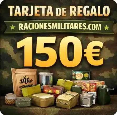 Tarjeta regalo de 150 euros de racionesmilitares.com con fondo de camuflaje militar y variedad de raciones de combate