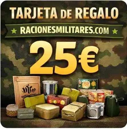 Tarjeta regalo de 25 euros de racionesmilitares.com con fondo de camuflaje militar y variedad de raciones de combate
