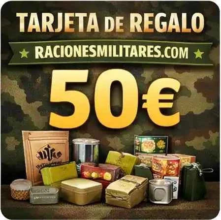 Tarjeta regalo de 50 euros de racionesmilitares.com con fondo de camuflaje militar y variedad de raciones de combate