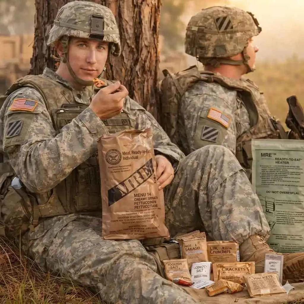 Soldado estadounidense usando ración MRE militar en campo