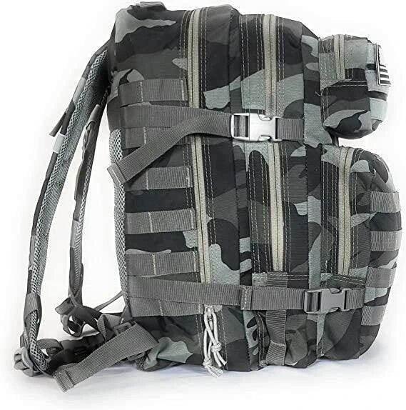 Mochila táctica gris compartimentos molle sistema modular trekking