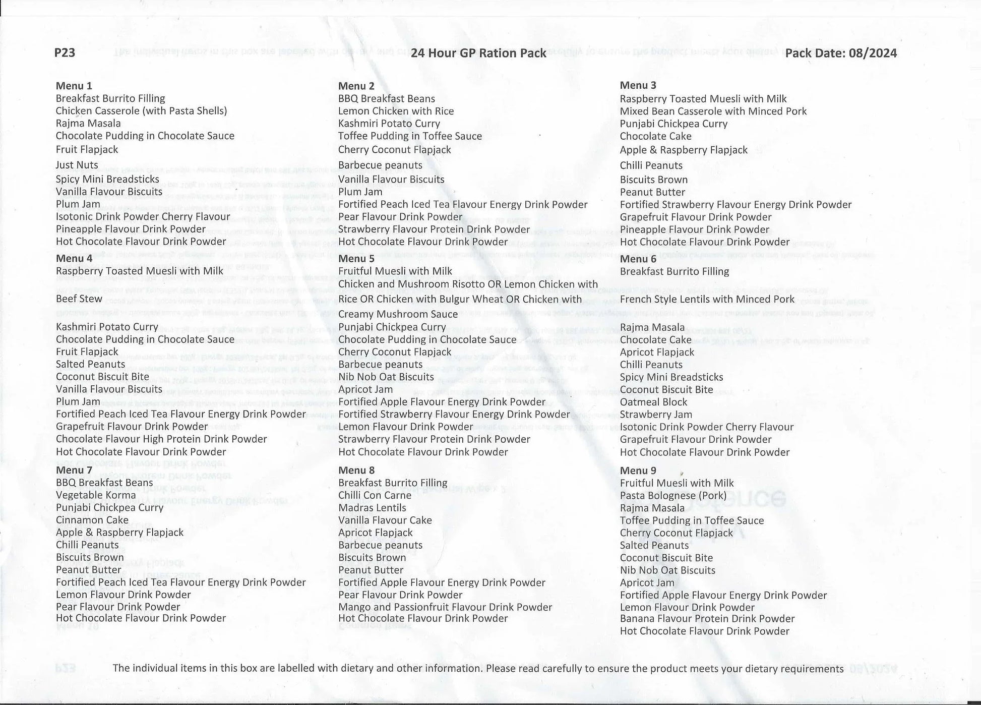 Menú ración británica 24 horas ejército Reino Unido