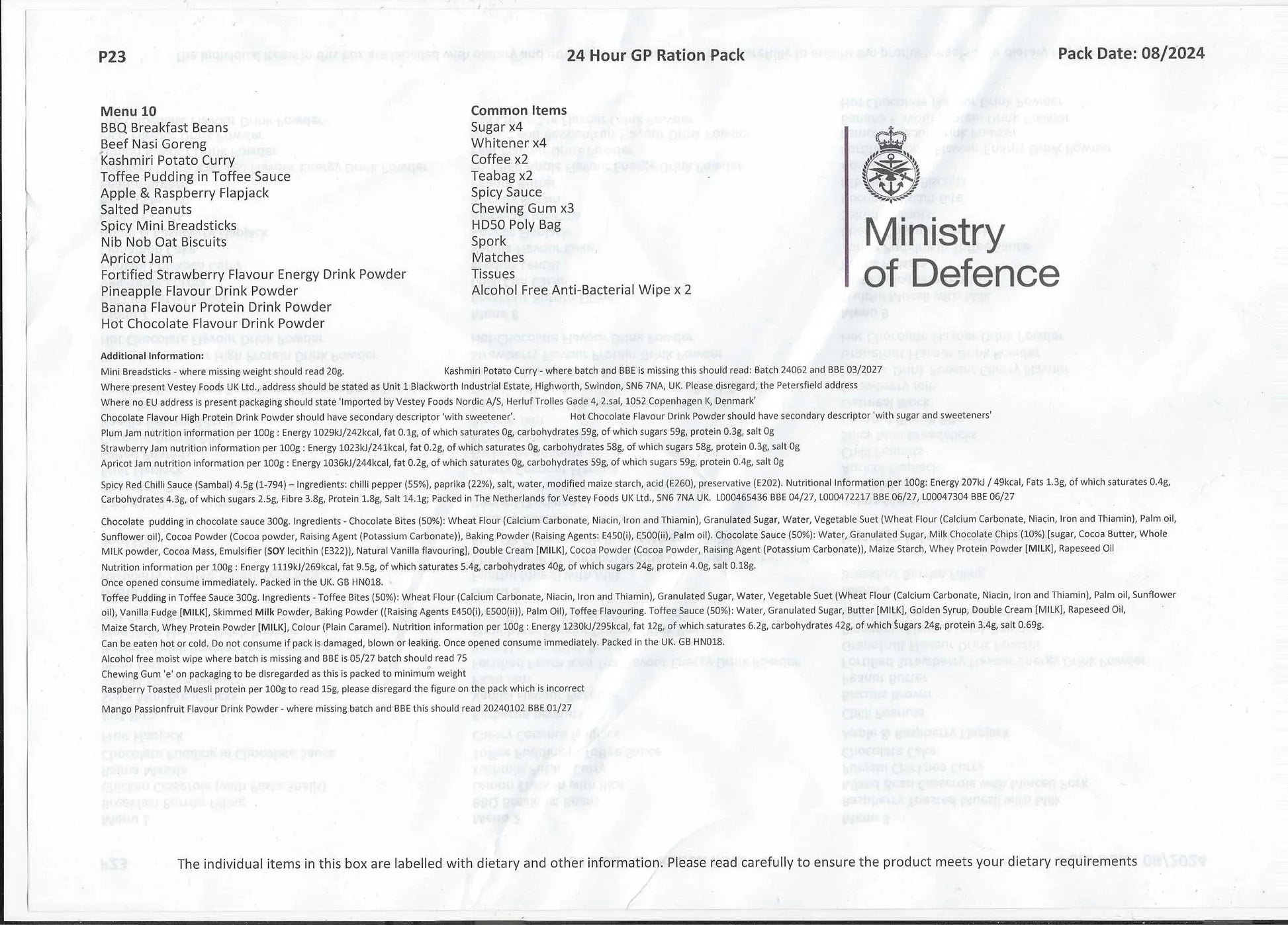 Componentes ración militar UK 24h British Army MRE