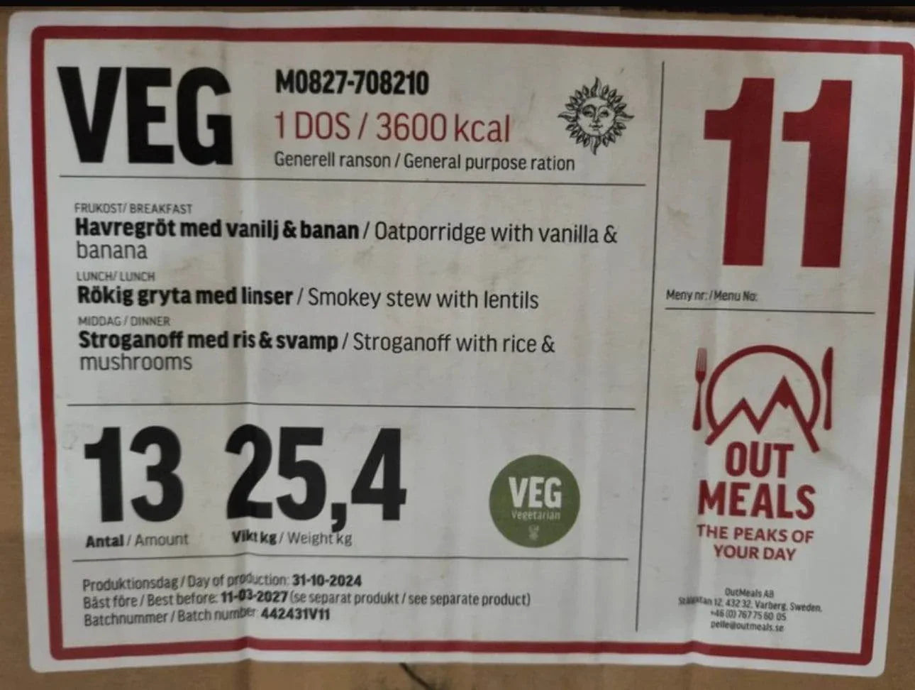 Ración militar sueca menú 11 ejército Suecia 24 horas