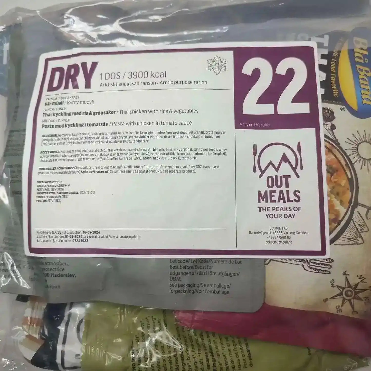 Bandeja MRE seca DRY 22 con menú 1 dos raciones 3900 kcal, envase morado.