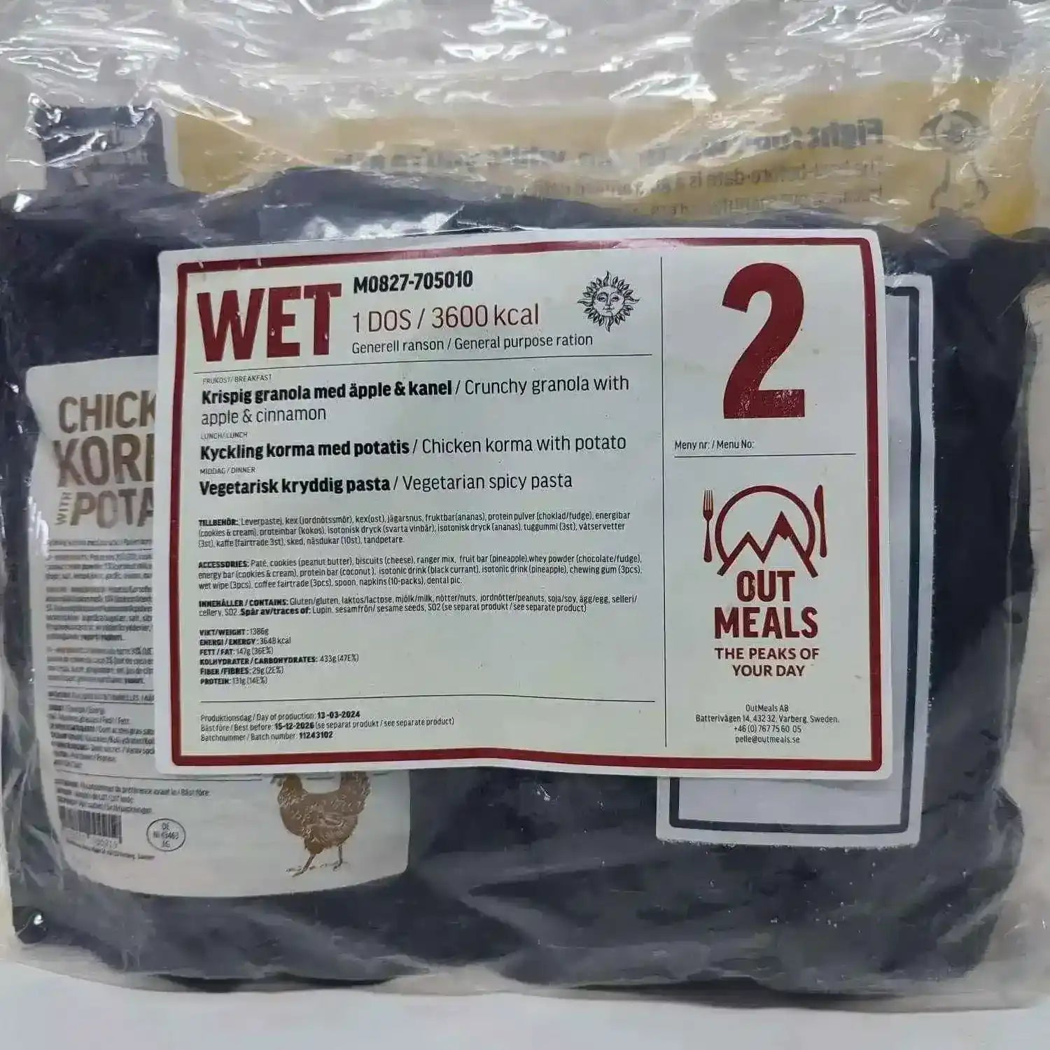 Bandeja MRE húmeda WET 2 con menú 1 dos raciones 3600 kcal, envase rojo.