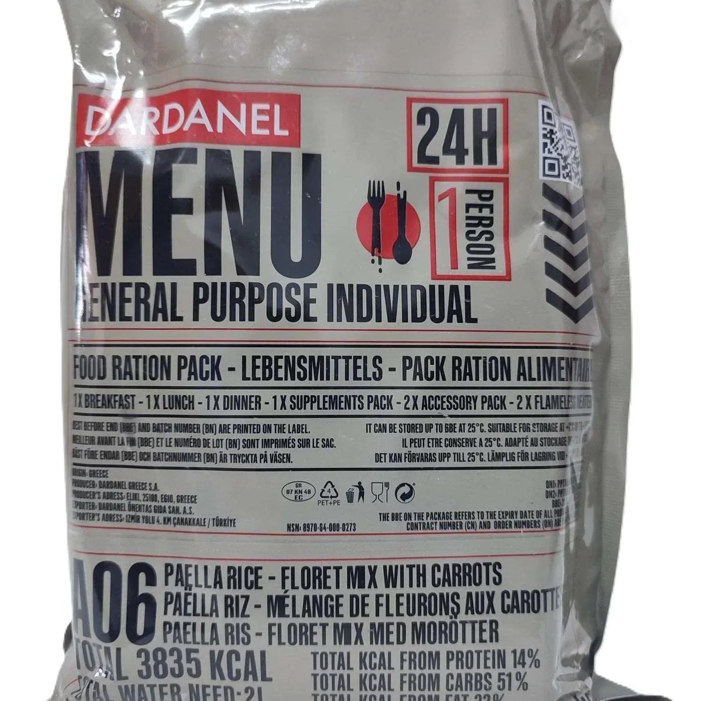 Ración Dardanel menú 6 ejército griego 24h MRE Grecia