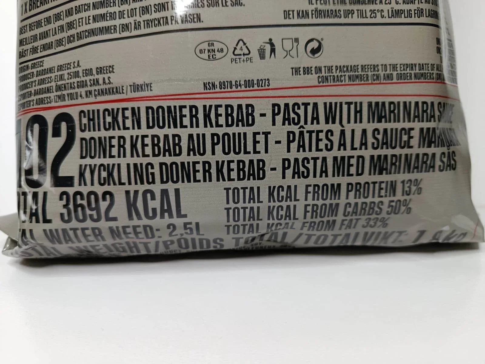 MRE Grecia Dardanel menú A2 ración ejército griego 24h