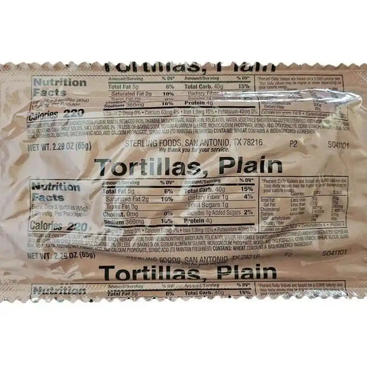 Empaque de tortillas MRE Plain con tabla nutricional